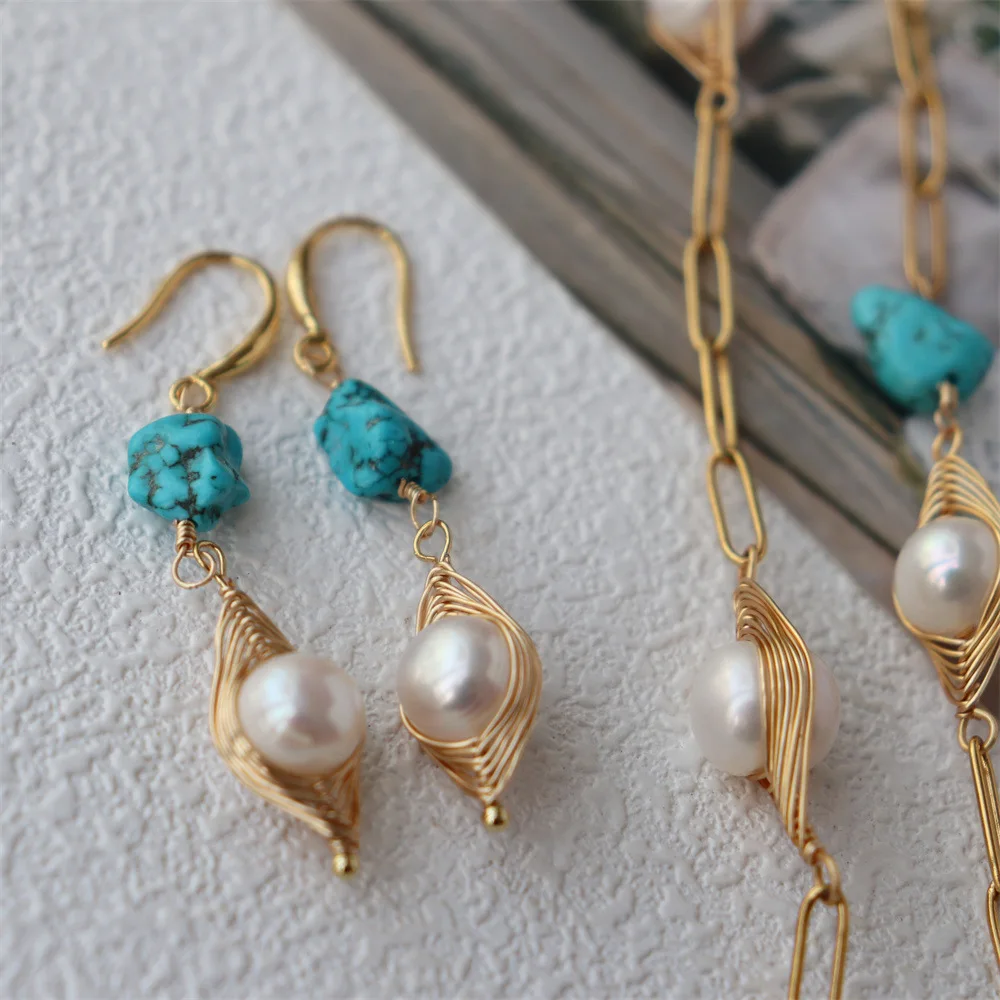 Light Luxury Resort Style Hand-wound Natural Freshwater Pearl Turquoise Middle-aged Style Earrings Hand Necklace Gothic Jewelry