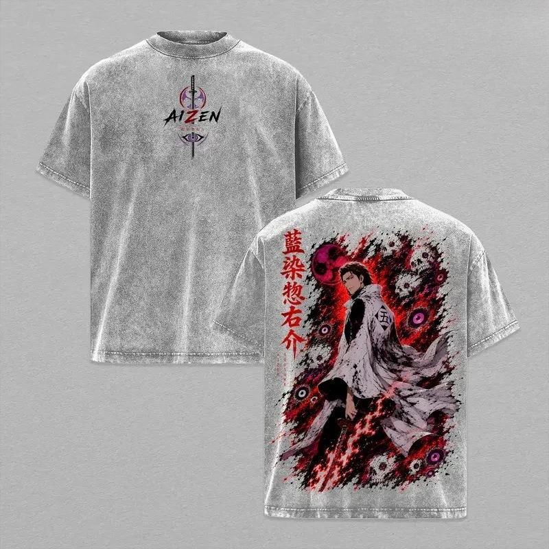 Aizen Sousuke BLEACH Anime T-shirts Men Women Clothing Short Sleeve T Shirt Vintage Washed Cotton Tshirt Harajuku Fashion Tops