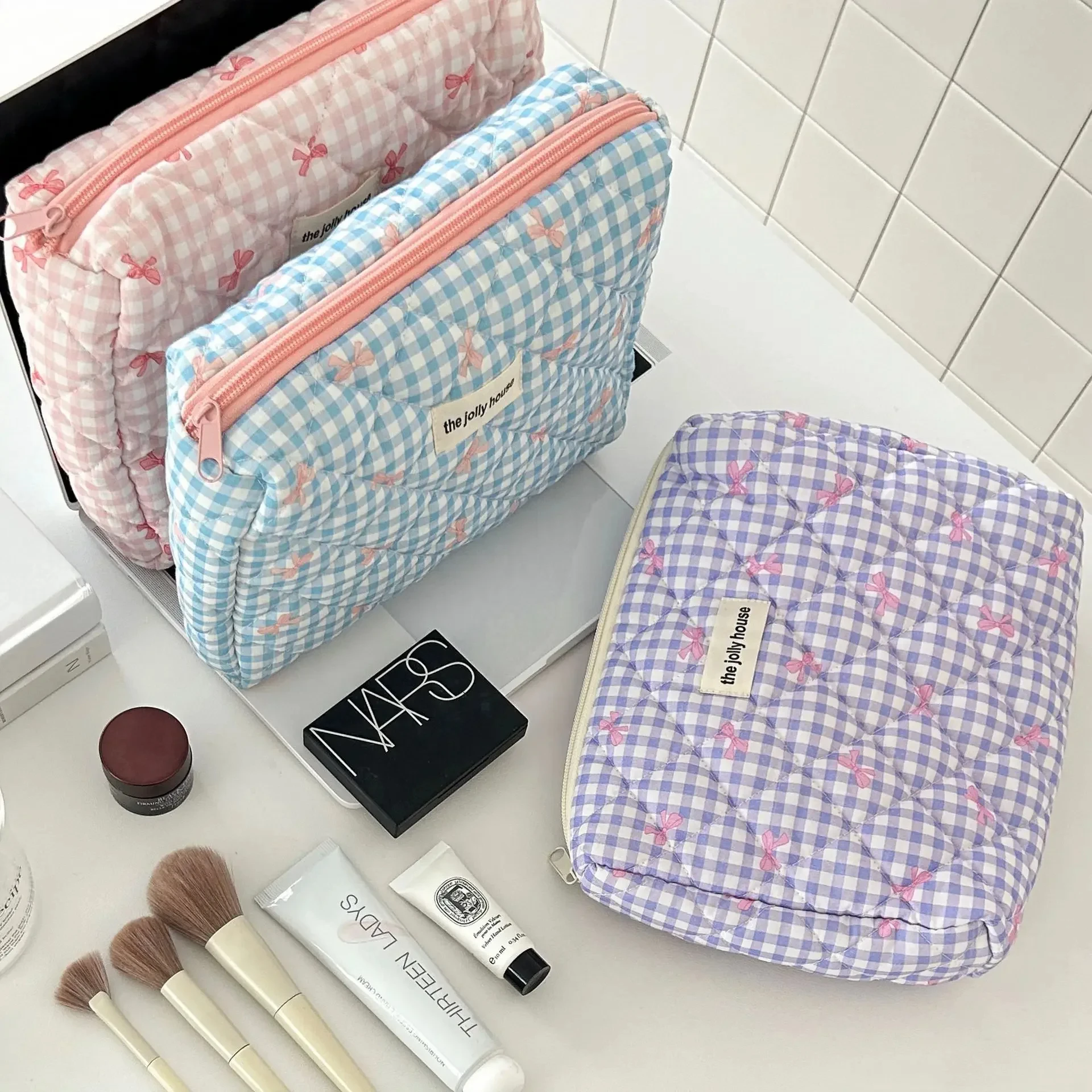 Cute Bow Cotton Makeup Bag Women Zipper Cosmetic Organizer Female Cloth Box Shape Portable Toiletry Case for Girls