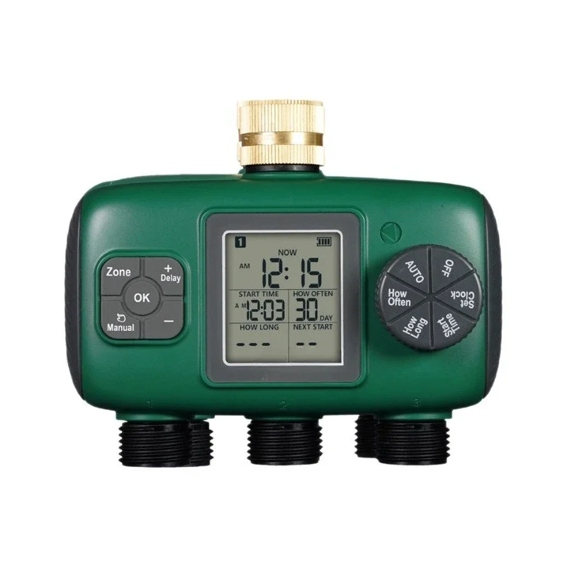 3-Way irrigation water valve IP55 waterproof knob button LCD screen brass water inlet watering timer