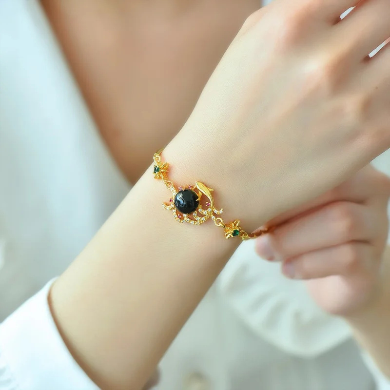 

Медный инкрустированный натуральный нефрит Хэтянь Цинюй Изысканный модный элегантный браслет