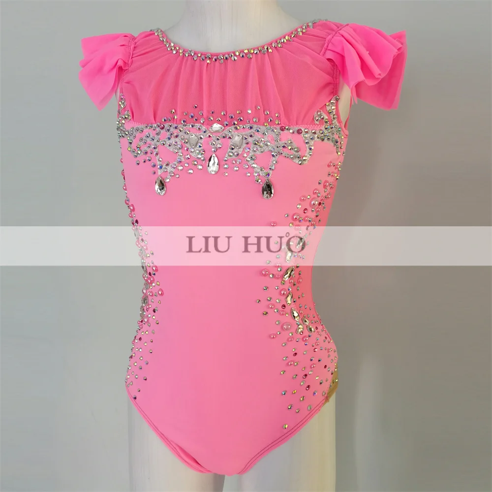 LIUHUO Rhythmic Gymnastics Leotard Aerobics Women Girl Costume Performance Competition Dance Dress Professional Sleeveless Pink