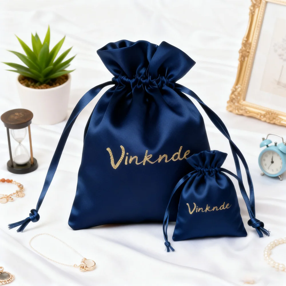 

100pcs Custom Logo Navy Satin Gift Bags with Ribbon Drawstring 7x9cm Jewelry Pouches for Wedding Anniversary Baby Shower Favors