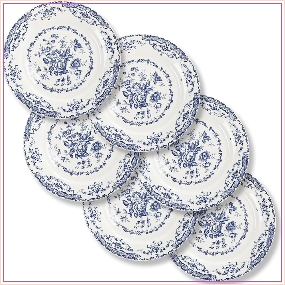 

Ceramic Dinner Plates Set of 6, 10.5 Inch Blue Floral Porcelain Plates Microwave Safe for Kitchen
