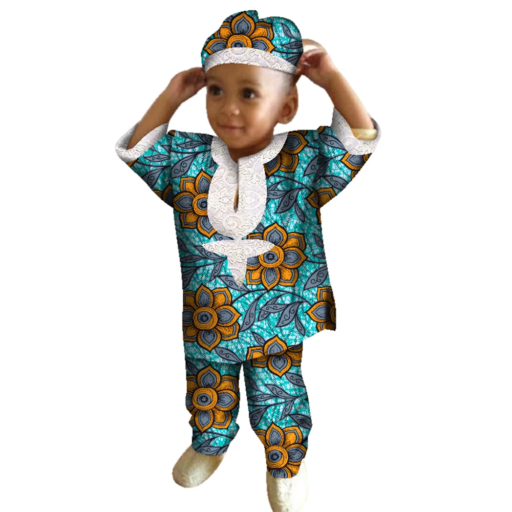 Ropa africana para niño, camisa de manga corta, Tops, pantalones y sombreros, estampado de cera africana, conjunto de pantalones para niño Bazin
