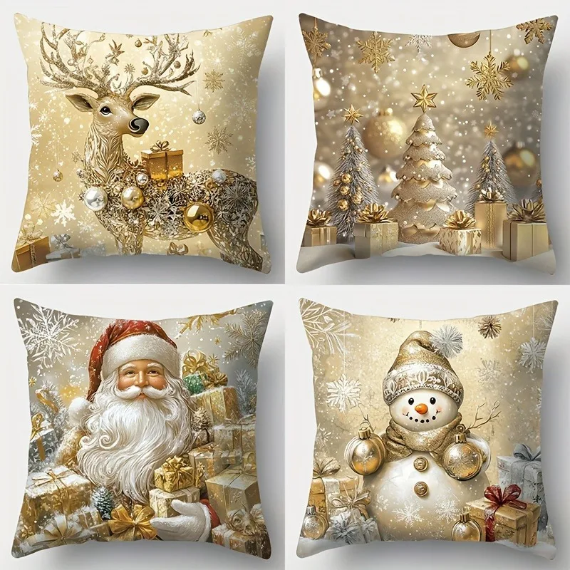 4pcs Christmas Pillow Covers, Santa Reindeer Snowman Tree Print, Gold White Red Theme, Soft Polyester for Sofa Decor