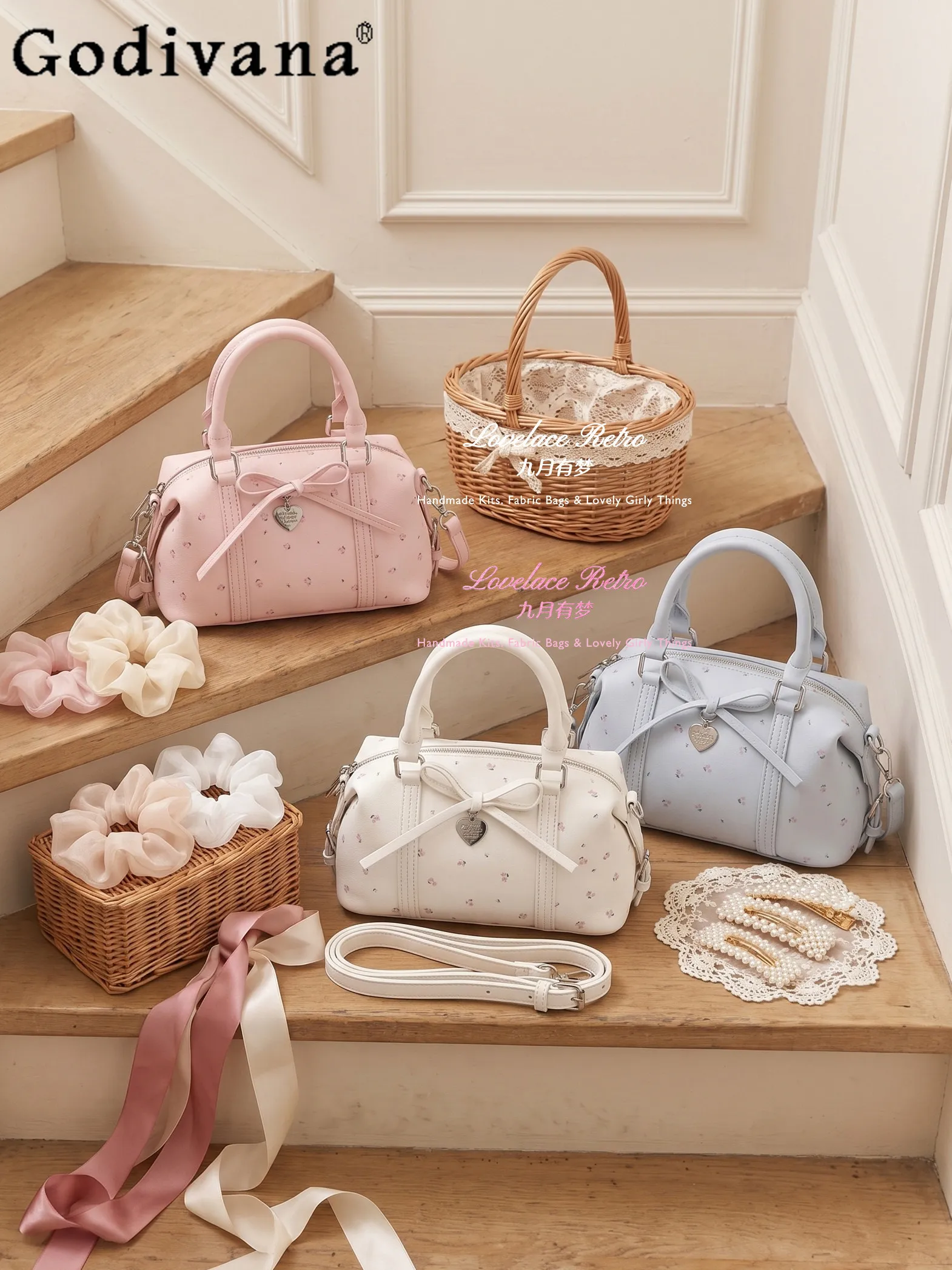 

Japanese Sweet Girl Floral Bow Boston Handbag Small Capacity Casual Commuter Versatile Messenger Bag