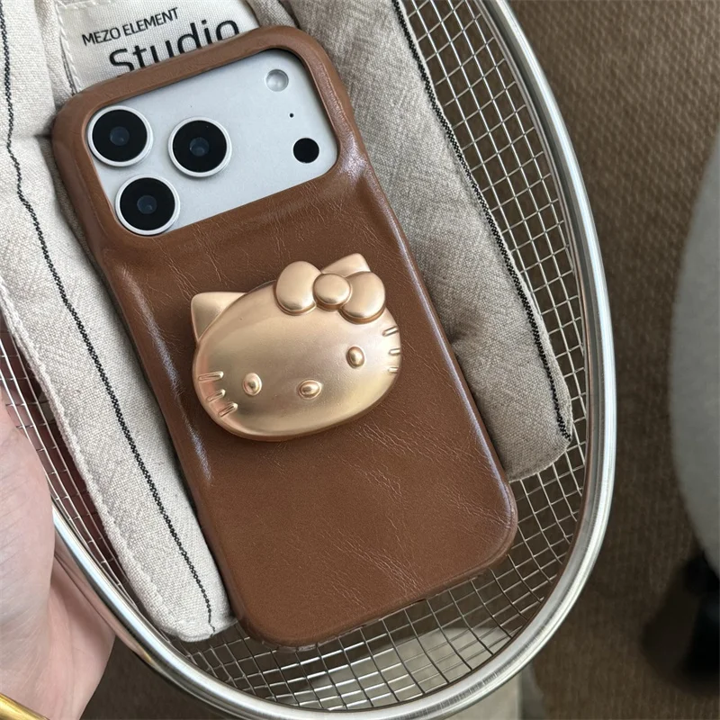 حافظة هاتف جلدية بنية عصرية لهاتف آيفون 17 برو 16 15 14 برو ماكس مع حامل هلوكيتي ذهبي حافظات حماية لطيفة فوندا #4