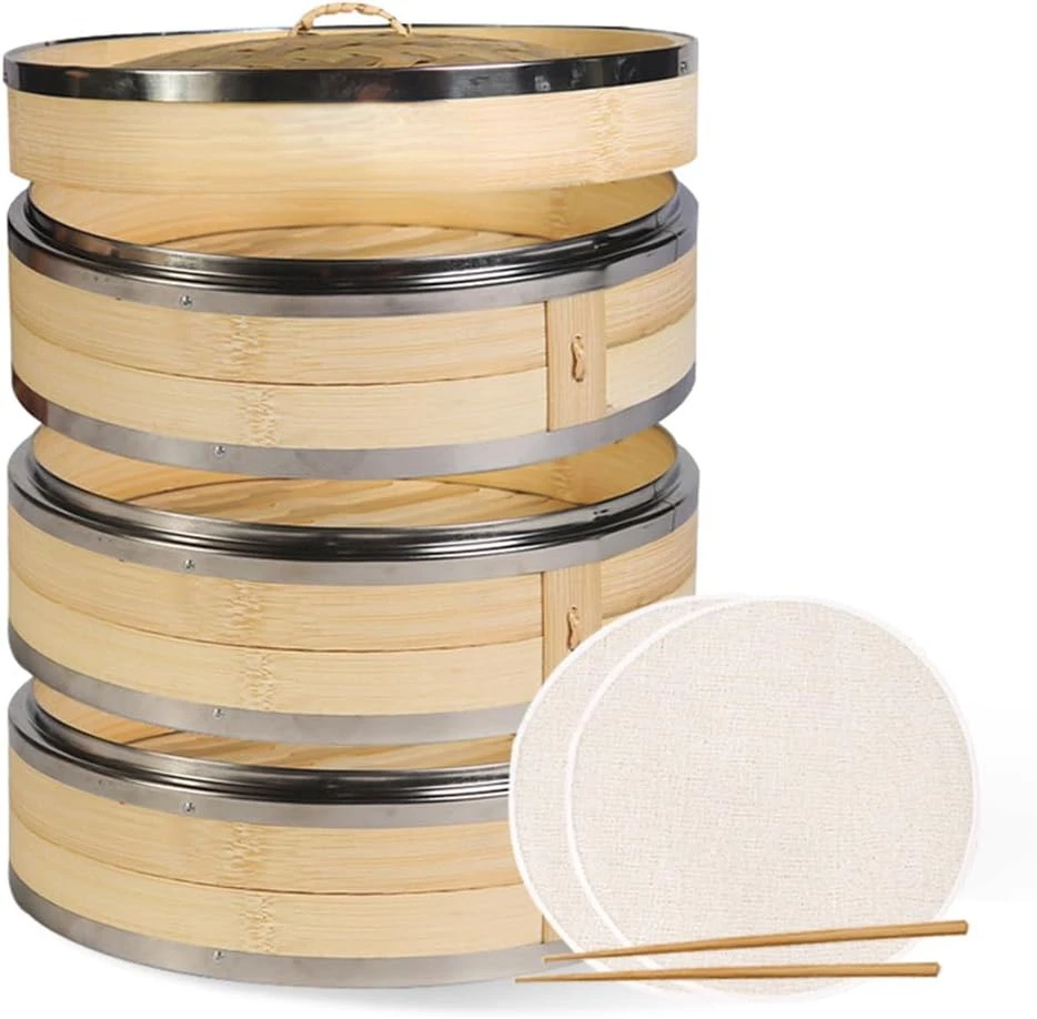 

9.4 Inch Handmade Bamboo Steamer with Whole Metal Rings, 3 Tiers Steam Basket for Dumpling Dim Sum Bun Rice Chinese Food, Includ