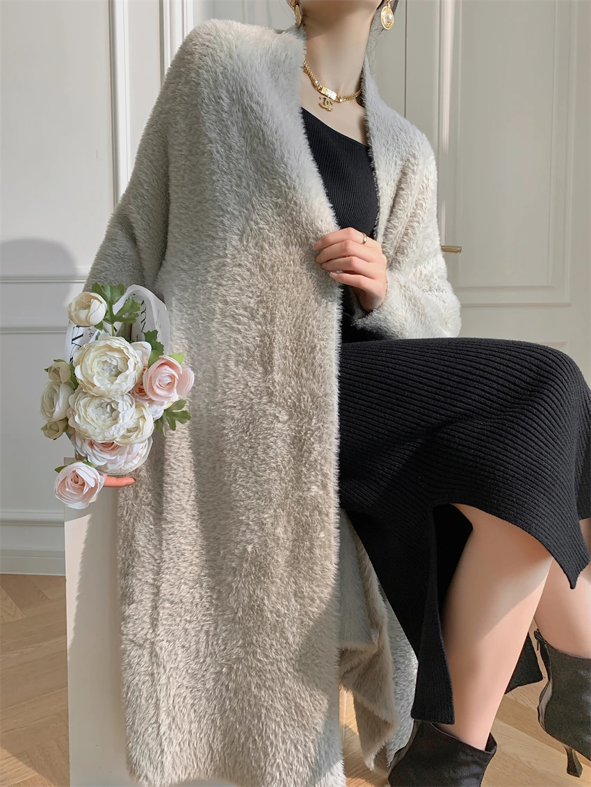 Loose Temperament Sweater Knitted Coat women\'s Draping Feeling Thick Imitation Mink Plush Soft Waxy Cardigan Medium Long Large