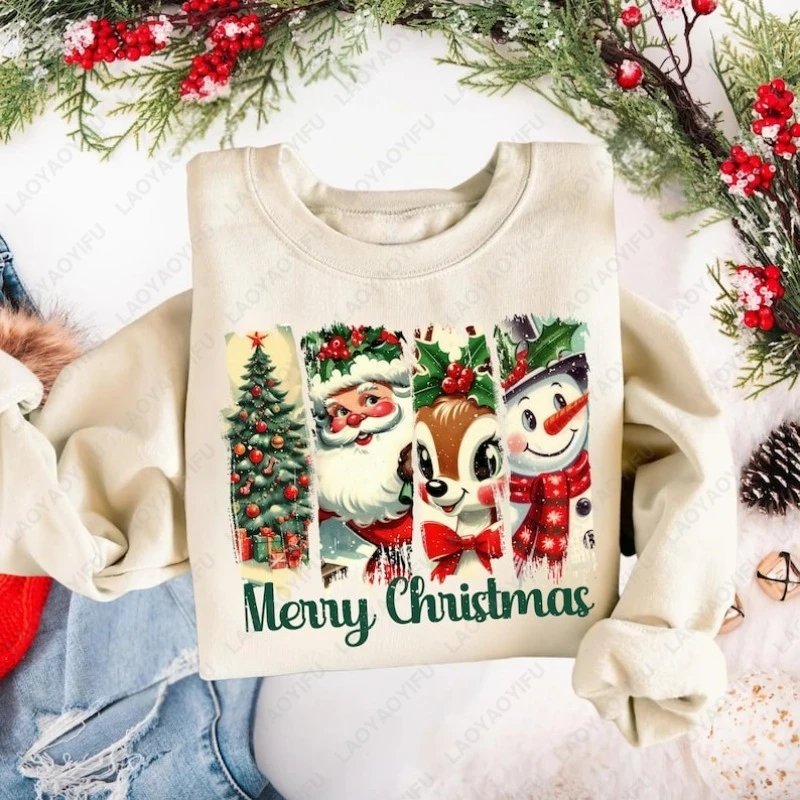 

Рождественский свитшот в стиле ретро, Санта-Клаус и снеговик Y2k, уличная рубашка с рождественской елкой, модные забавные пуловеры унисекс с Рождеством
