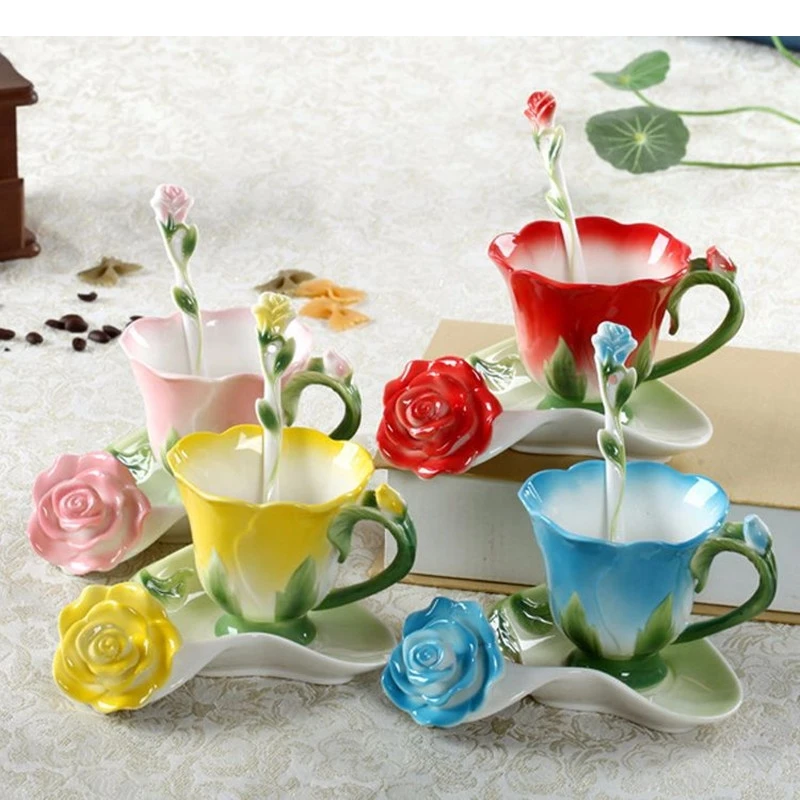 

Ceramic Cup Enamel Rose Embossed Flower Peony Floral Mug Coffee China Dish Red Cups Wedding Birthday Present