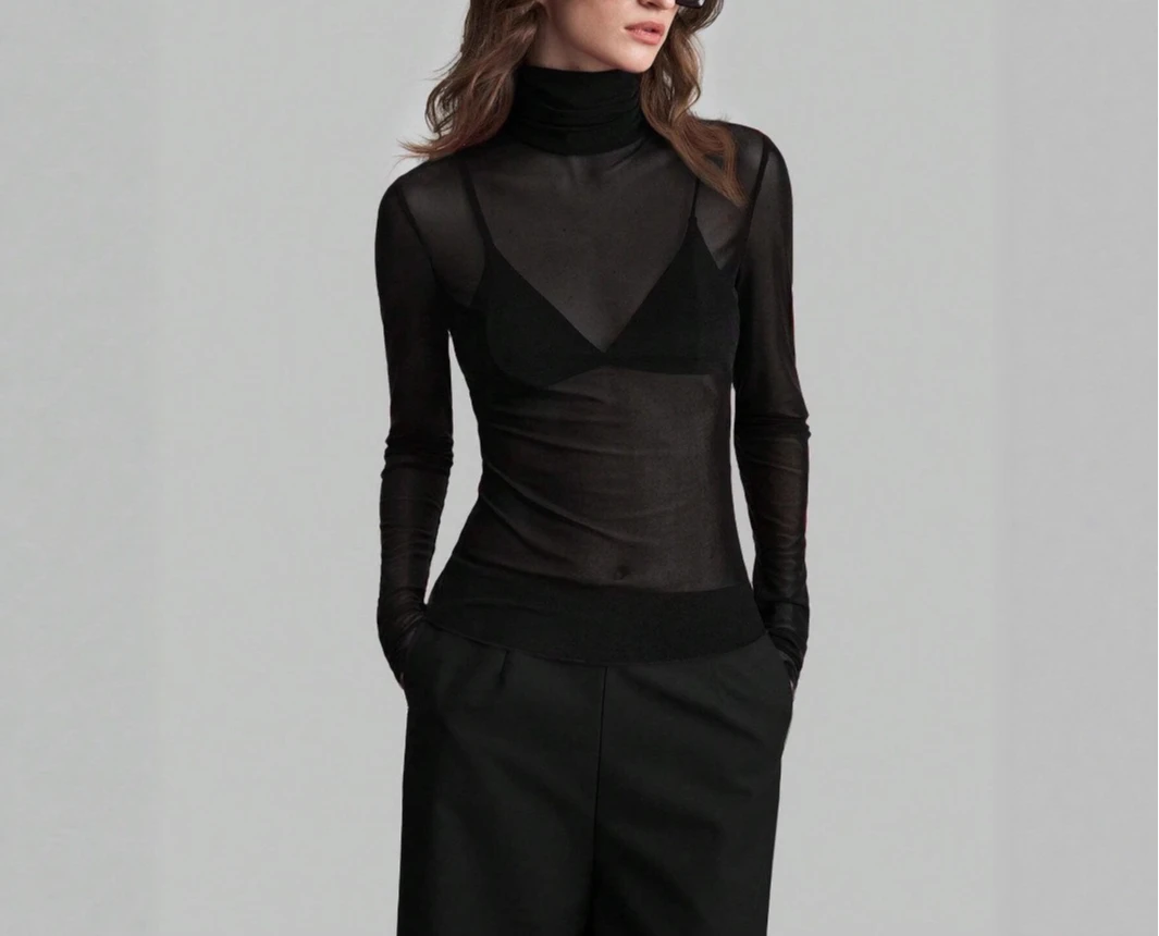 

2025 Autumn/Winter New Style Stand-Collar Solid Color Mesh Slim-Fit Long-Sleeve Slimming Temperament Office Top