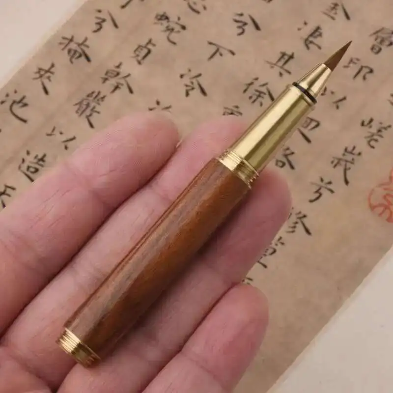 Fountain Pen Style Brush Pen, Brass Solid Wood Small Kai Brush Wolf Hair Set For Beginners, Soft Pen Calligraphy Pen