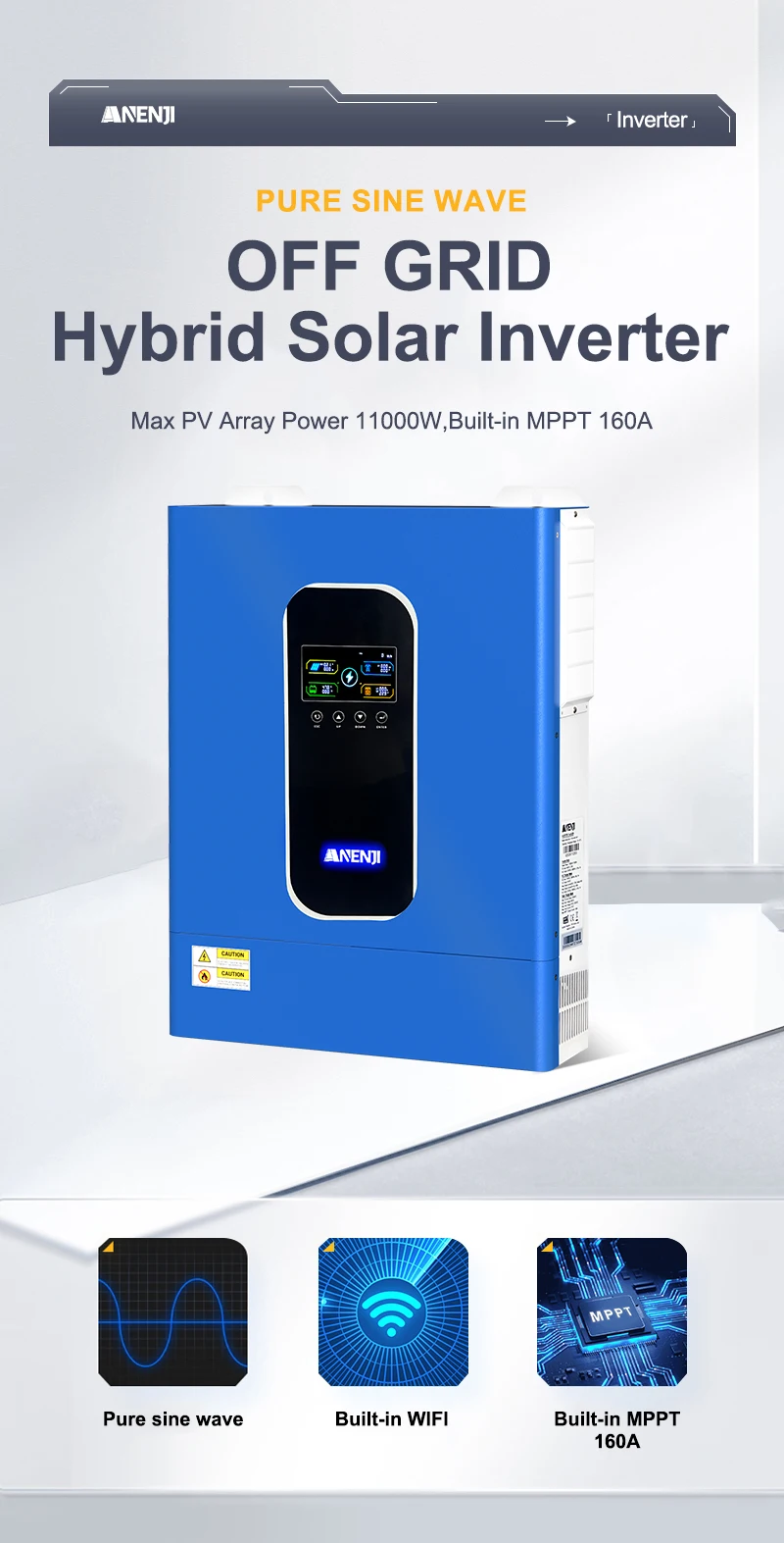 ANENJI 11000 W Hybrid-Solar-Wechselrichter 11 kW 48 V 160 A MPPT reiner Sinus-Wechselrichter paralleles Solar-Off-Grid + On-Grid für 6 Einheiten max – Detail 2