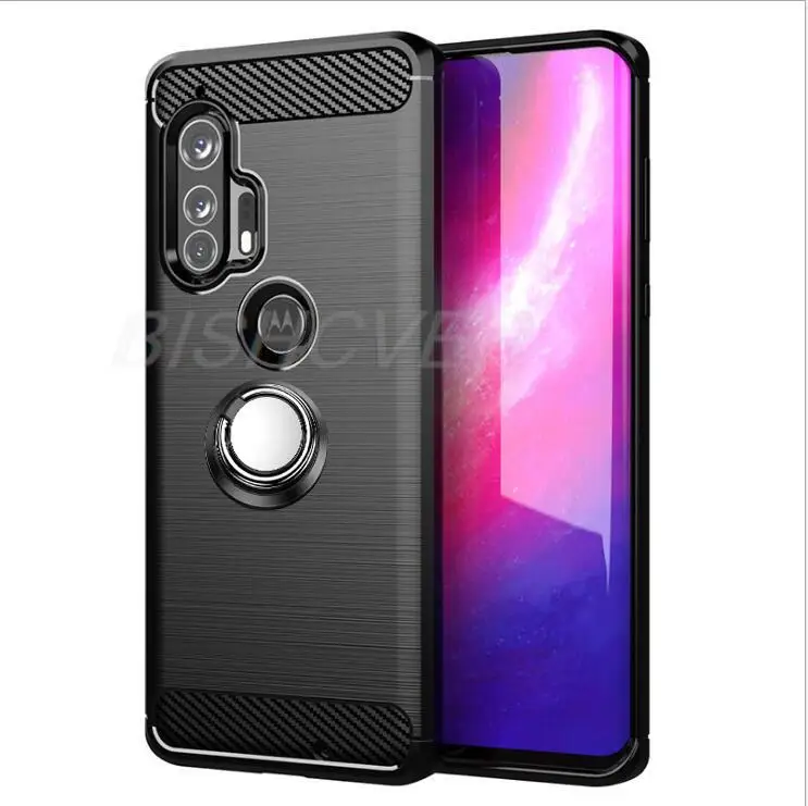 Luxury Brushed Carbon Fiber Phone Case For Motorola Edge+ XT2061-3 2020 MOTO Edge+ Edge Plus Magnetic Ring Holder Cover Case