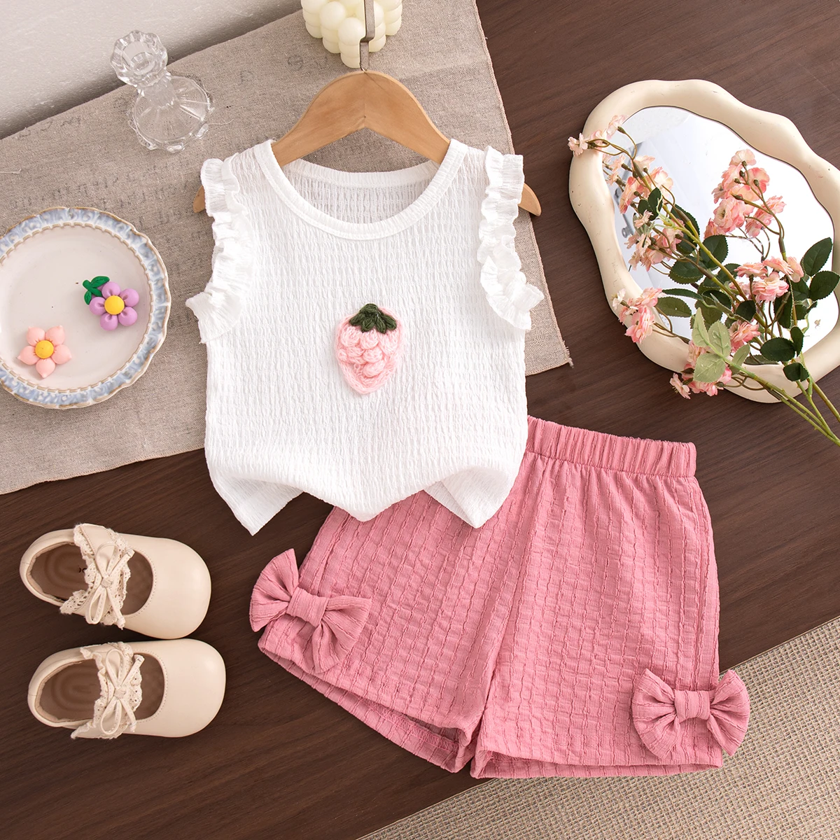 2-teiliges Baby-Set Sommer Baumwolle Frucht Ärmelloses Oberteil Schleife Shorts Baby Mädchen Set Cartoon Niedlich Strand Baby Mädchen Kleidung – Detail 3