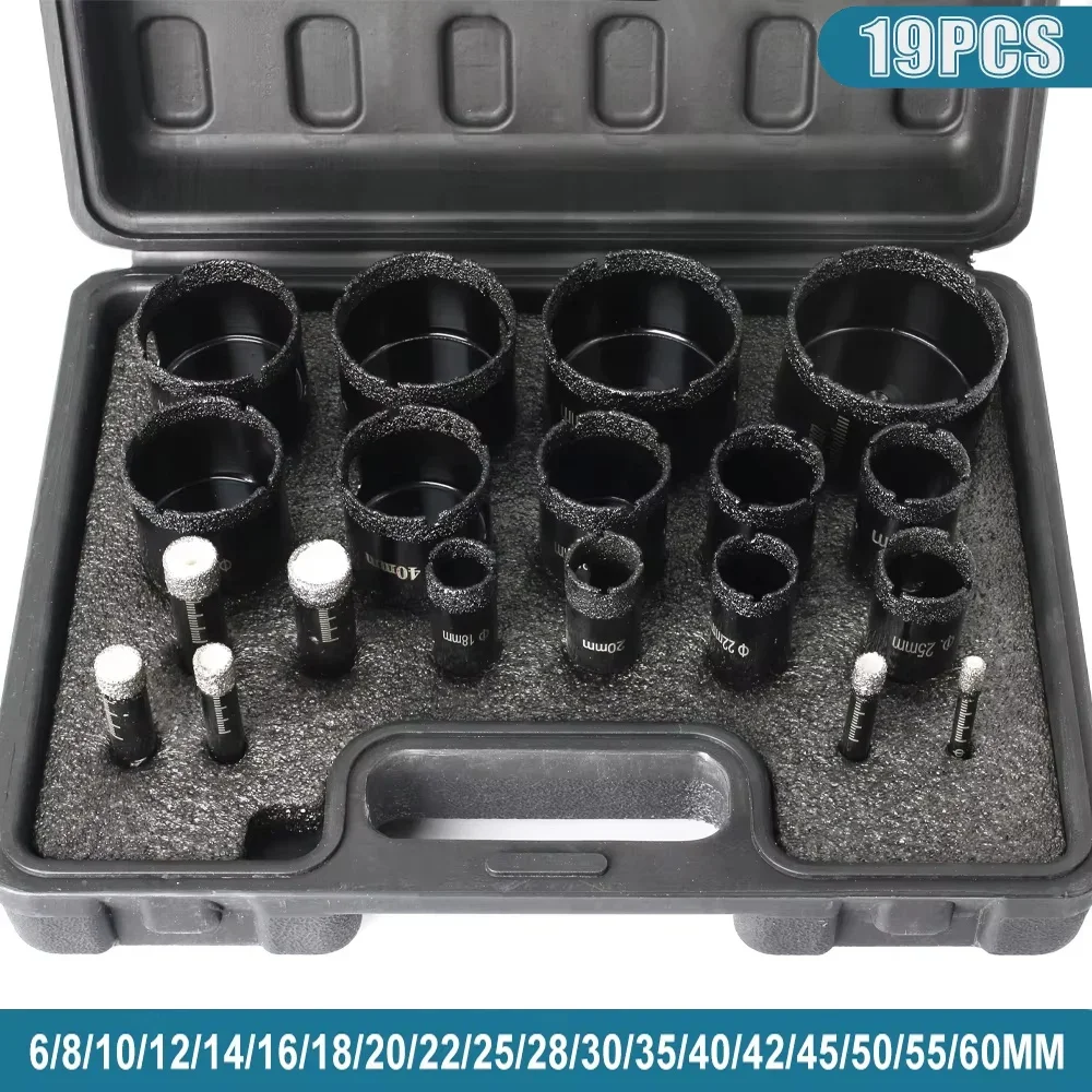 19Pcs 6-60mm Diamond Cup Saw Coated Drill Bits Set Hole Saw Kit for Glass Marble Granite Stone Tile Ceramic Construction Tools