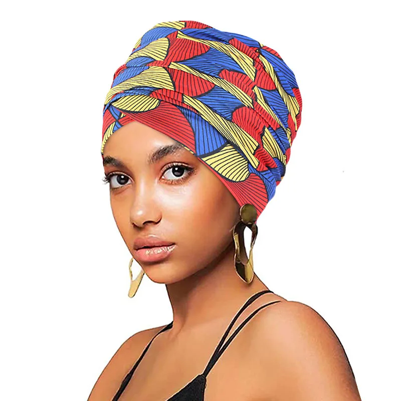 New Women African Pattern Print Elastic Headscarf Stretch Headband Long Tail Head Wrap Muslim Hijab Bonnet Bandanas Chemo Cap