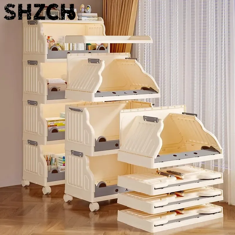 Freestanding Foldable Plastic Bookcase Kids Library Shelf Large Capacity 4-Tier Display Stand Living Room Bedroom Organizer