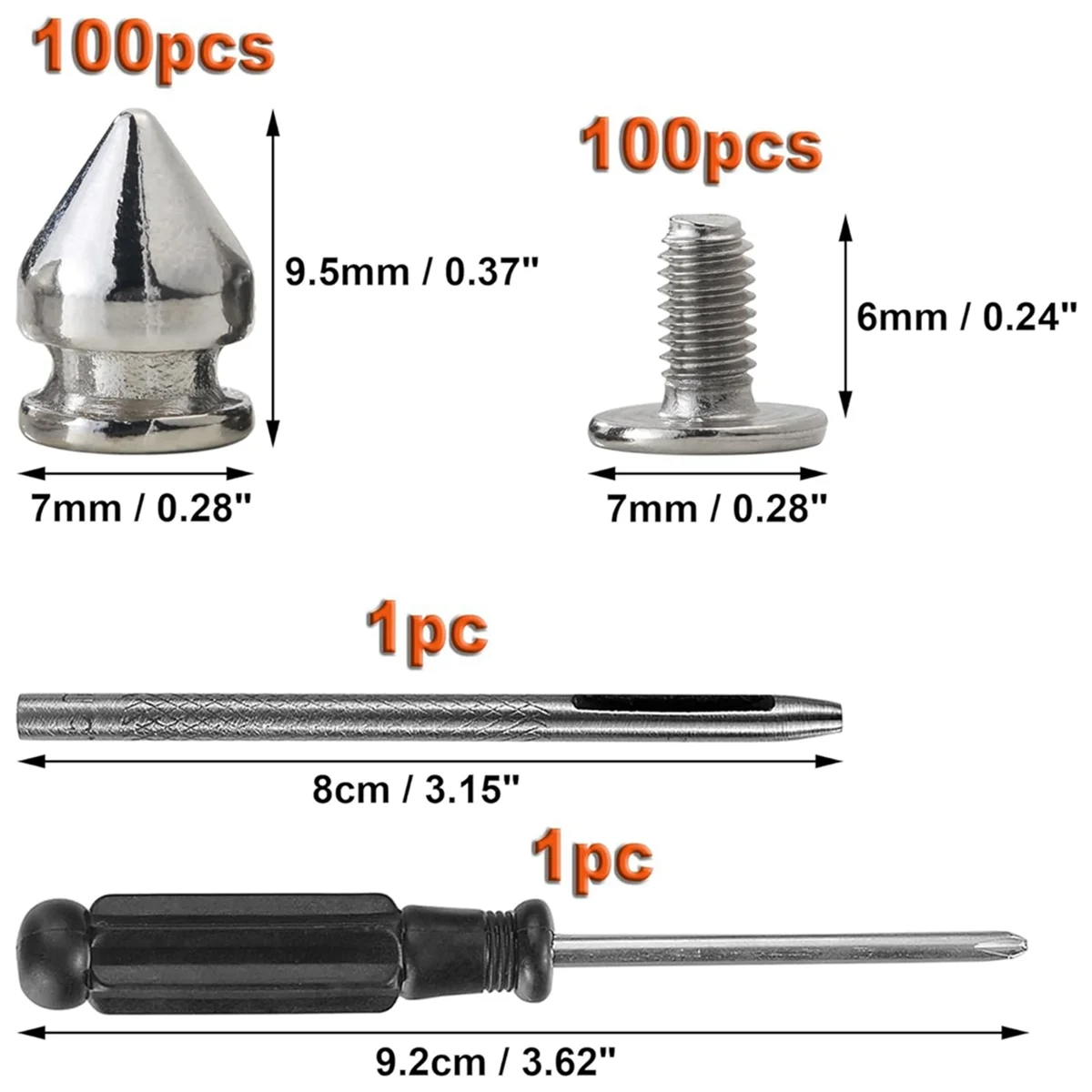 

AB51 100 Pack Spikes and Studs 9.5MM Spikes for Clothing Metal Studs Rivets for Leather Punk Spikes Accessories Screw Back
