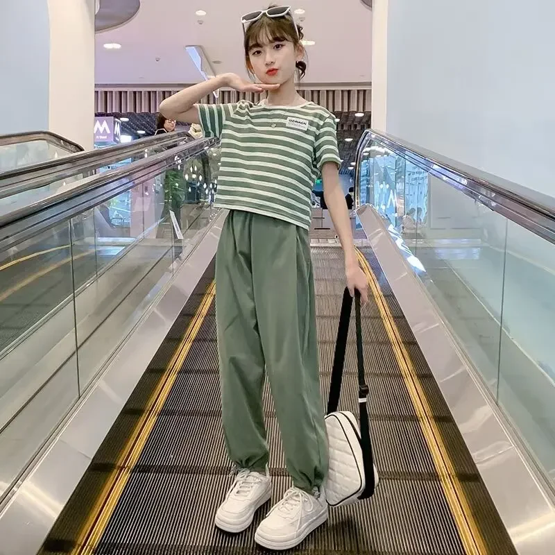 2024 women summer Kids tracksuit Children set Girls Clothes green striped T-Shirt + Cargo Pants parentage Teenager 8 10 25 year