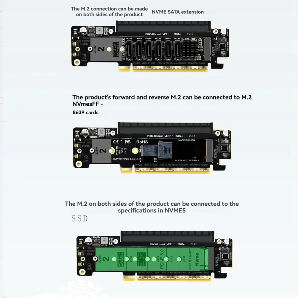 Pcie X16 Expansion Adapter Card X8+ X4+ X4 Split M. 2 Nvmex2 Input Port Splitter For Ssds 2280/2260/2242/2230 Support