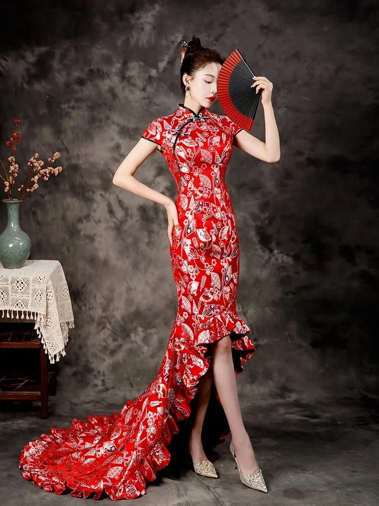 Chinese-style fishtail red trailing catwalk performance embroidered cheongsam dress guzheng