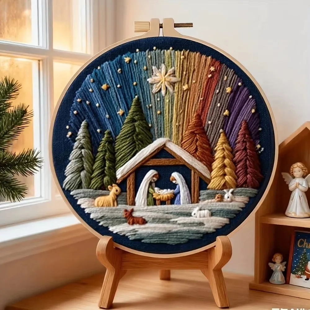 DIY Material Nativity Embroidery Set Pre-printed Pattern on Cloth with EN Instructions, Thread Christmas Embroidery Kit