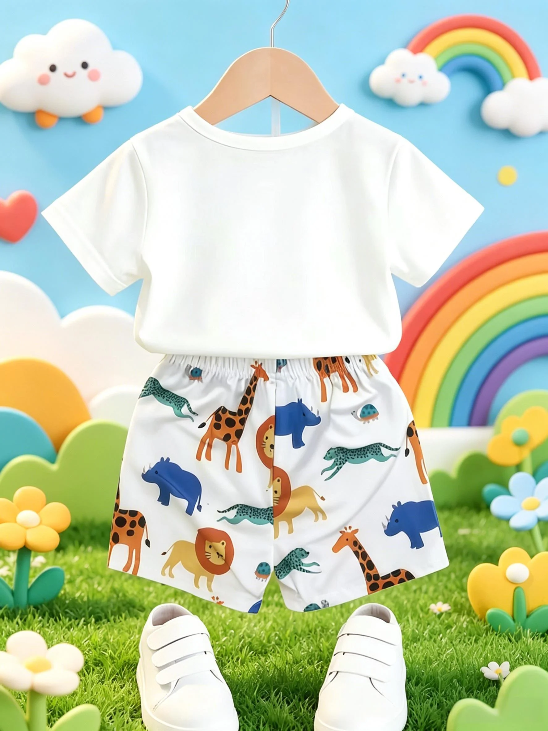 Zweiteiliges Set mit Zoo-Print für Jungen: frisches T-Shirt + lockere Shorts, deckt den Komfort und den natürlichen Spielmut von Kindern ab – Detail 3