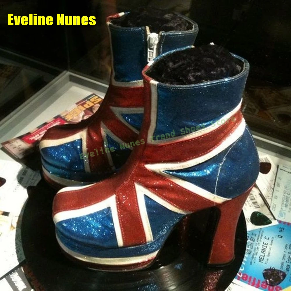 كابوس الاتحاد جاك منصة الأحذية جولة تو كتلة الكعوب مختلط الألوان الجانب البريدي المرأة موضة حذاء بوت بطول الكاحل 2025 الشارع نمط الاتجاه #3