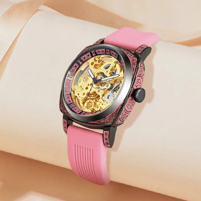 

Женские модные автоматические механические часы с турбийоном и римскими цифрами с розовой лентой