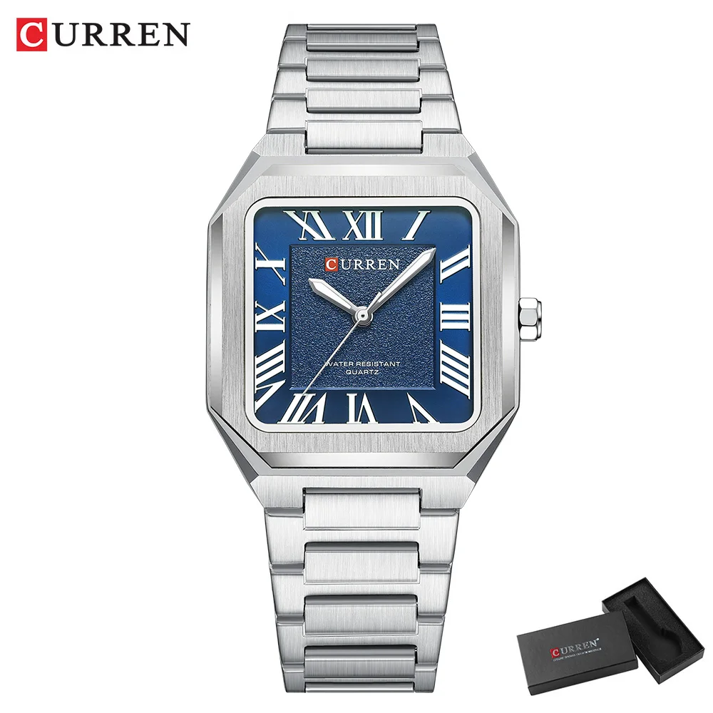 CURREN Men's Square Watch Quartz Stainless Steel Band with Roman Numerals Luminous Hands Casual Business Wristwatch for Men Gift