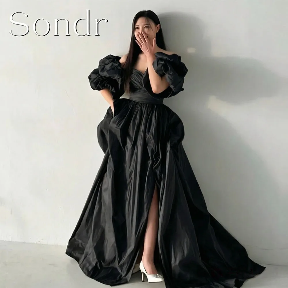 

Sondr Customized Princess A line Taffeta Wedding Dress Korea Photo Shoot V Neck Puff Sleeves Floor Length Bridal Gowns Corset