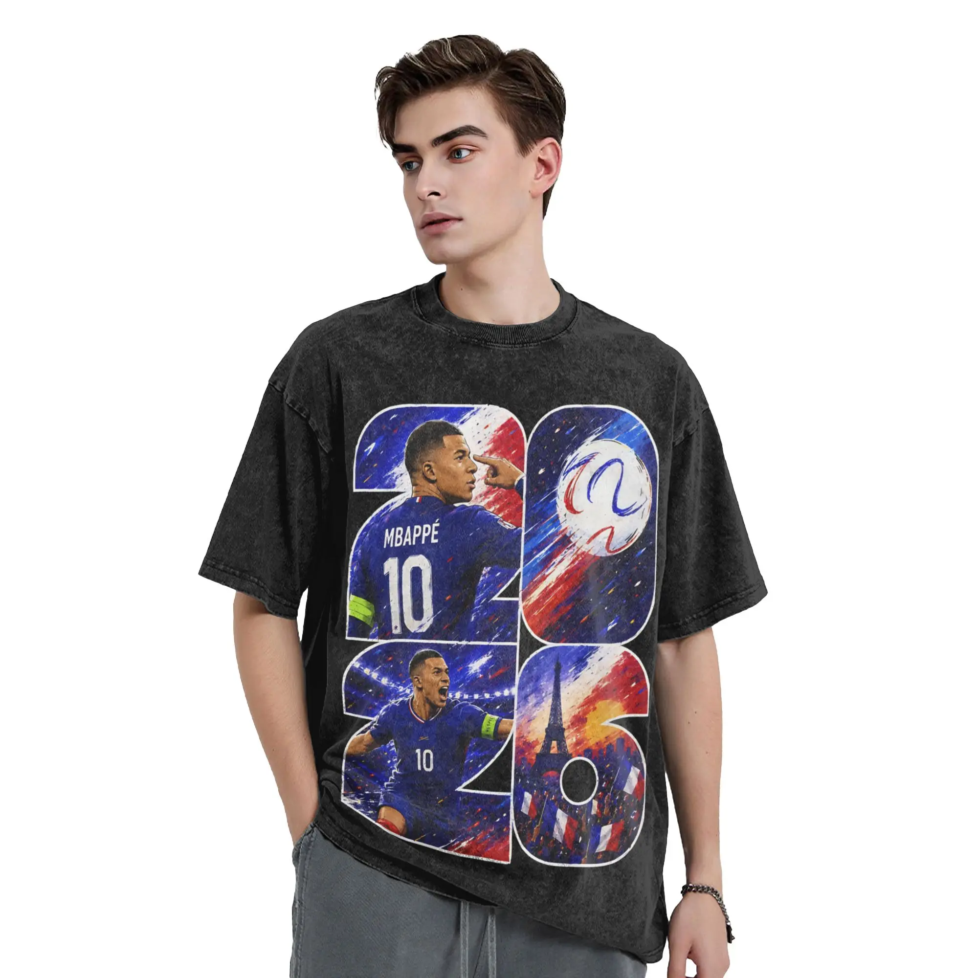 Washed T Shirt Mbappes Soccer Hip Hop T-Shirt Harajuku 2026 Football Streetwear 100% Cotton Printed Tops Tee Shirt for Men Women
