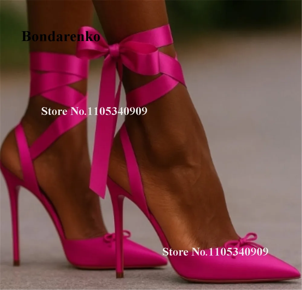 

Новейшие туфли-лодочки Bondarenko с бантом, розовые, красные, черные, атласные, на шпильке, с острым носком, с ремешками, на тонком каблуке, для вечеринок и торжественных мероприятий
