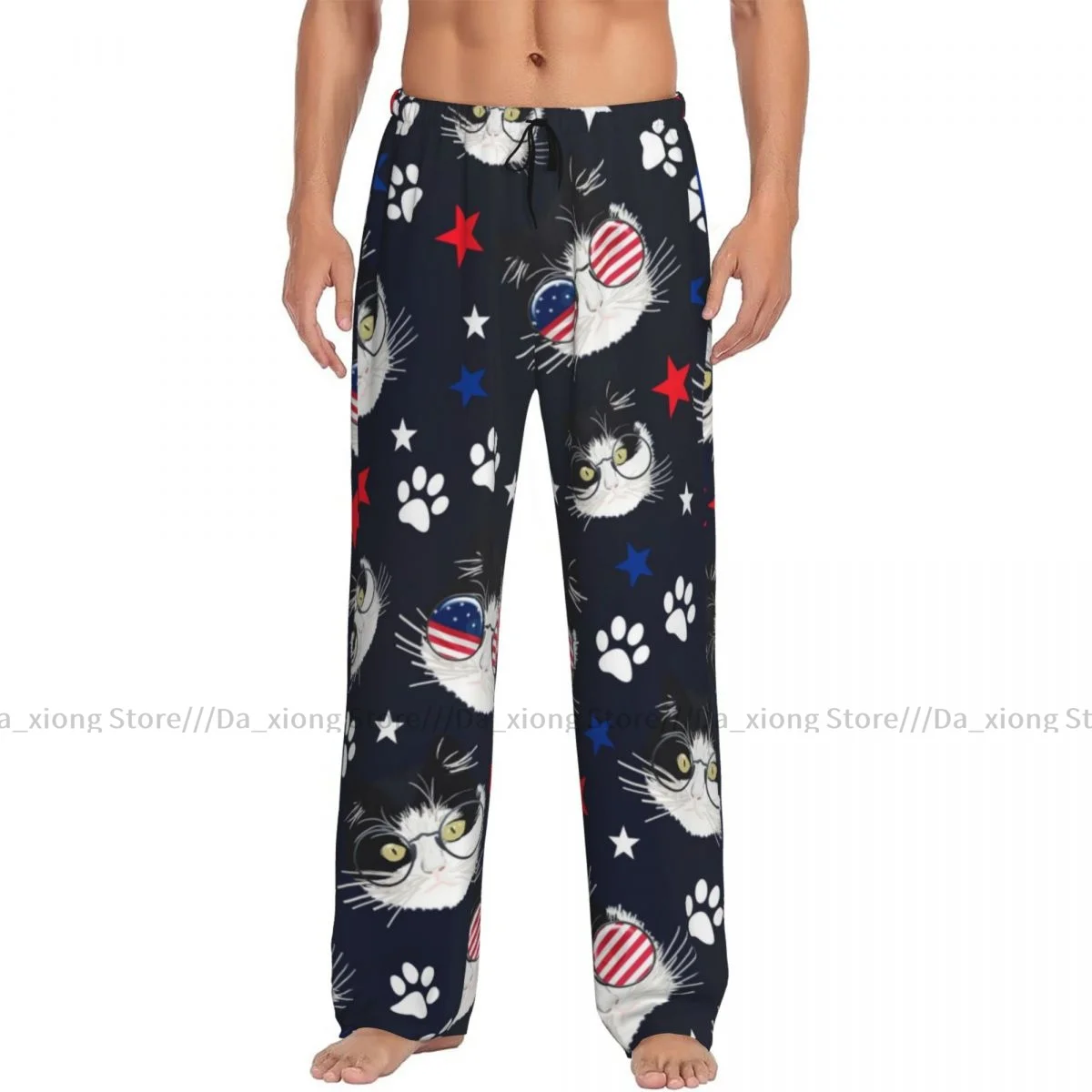 Mens Casual Pajama Long Pant Loose Elastic Waistband Cartoon Cat Cozy Sleepwear Home Lounge Pants