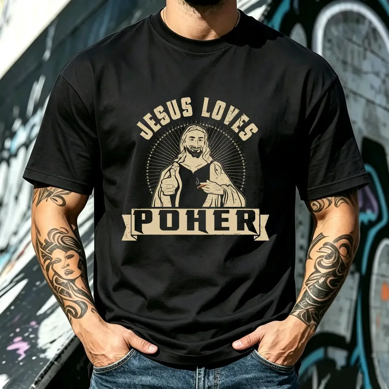 washed T Shirt BEST TO BUY Jesus Loves Poker Card Game Cigar Novelty Classic vintage Washed Stylish Soft Top For Everyday Wear