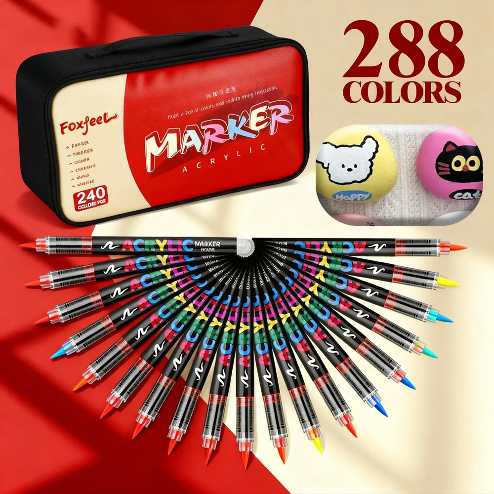 240/288 ألوان أكريليك علامات فرشاة ناعمة تلميح الطلاء للحجر الصخري اللوحة مهرجان هدية أقلام فنية ذاتية الصنع تأتي مع حقيبة التخزين