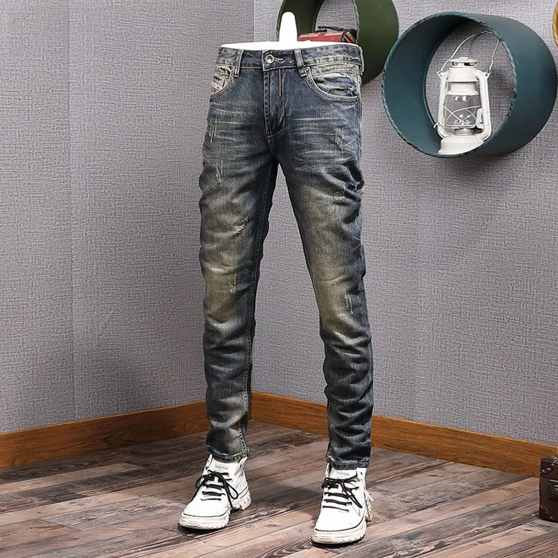 Newly Designer Fashion Men Jeans High Quality Retro Washed Blue Stretch Slim Fit Ripped Jeans Men Vintage Casual Denim Pants