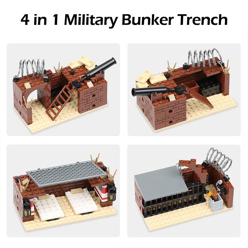 Heißer WW2 Militär Graben Bunker Verteidigung Basis Bunker Modell Gebäude Kits Mini Armee Waffe Liefert Pistolen Ziegel Sets Spielzeug Geschenke