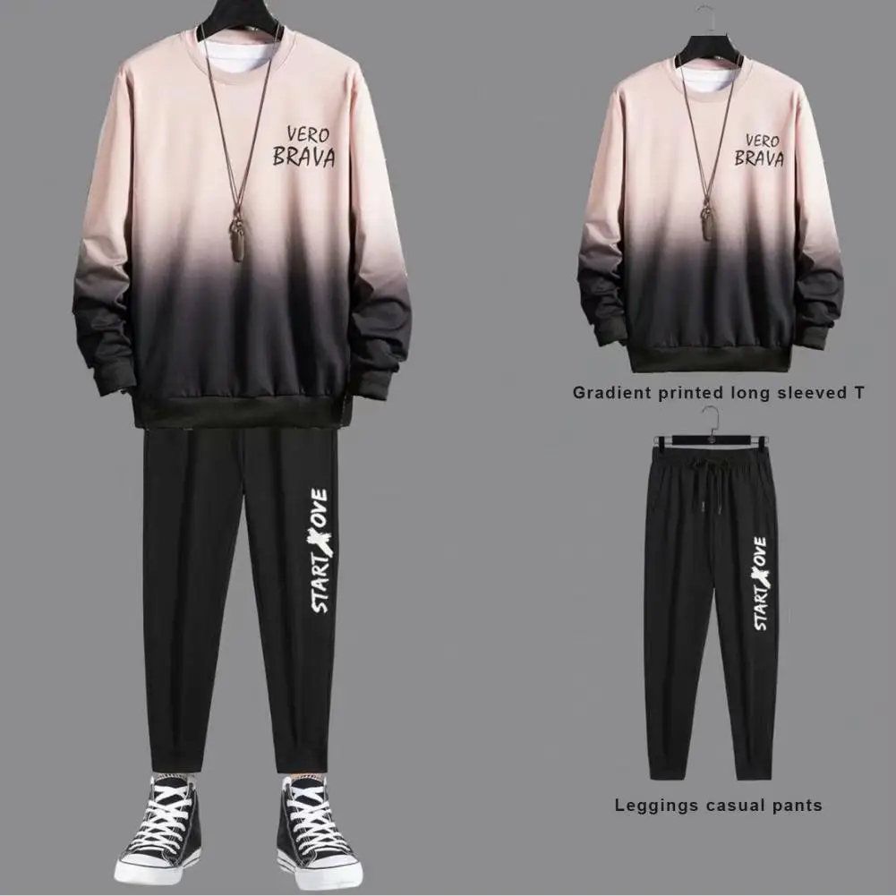 Round Neck Two-piece Set Men Casual Suit Stylish Men's Gradient Contrast Tracksuit Set Loose Fit Top Pants with Elastic for Fall