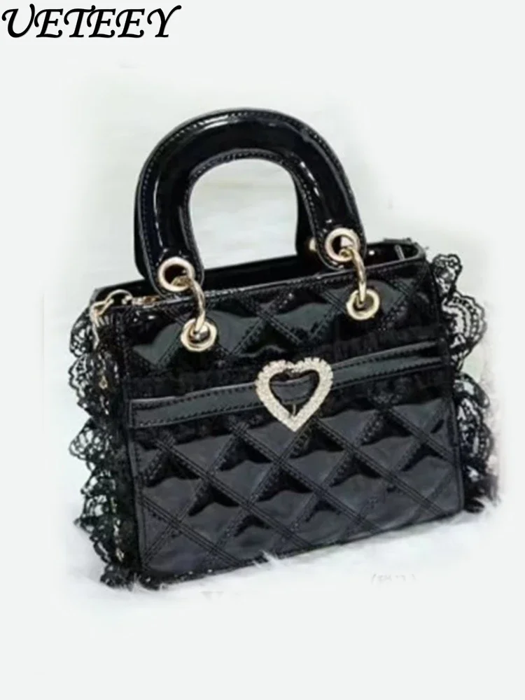 

Japanese Rojita Bags Women Love Buckle Lace Messenger Bag Handbag Rhinestone Bow Mine Mass Production Black Cosmetic Bag