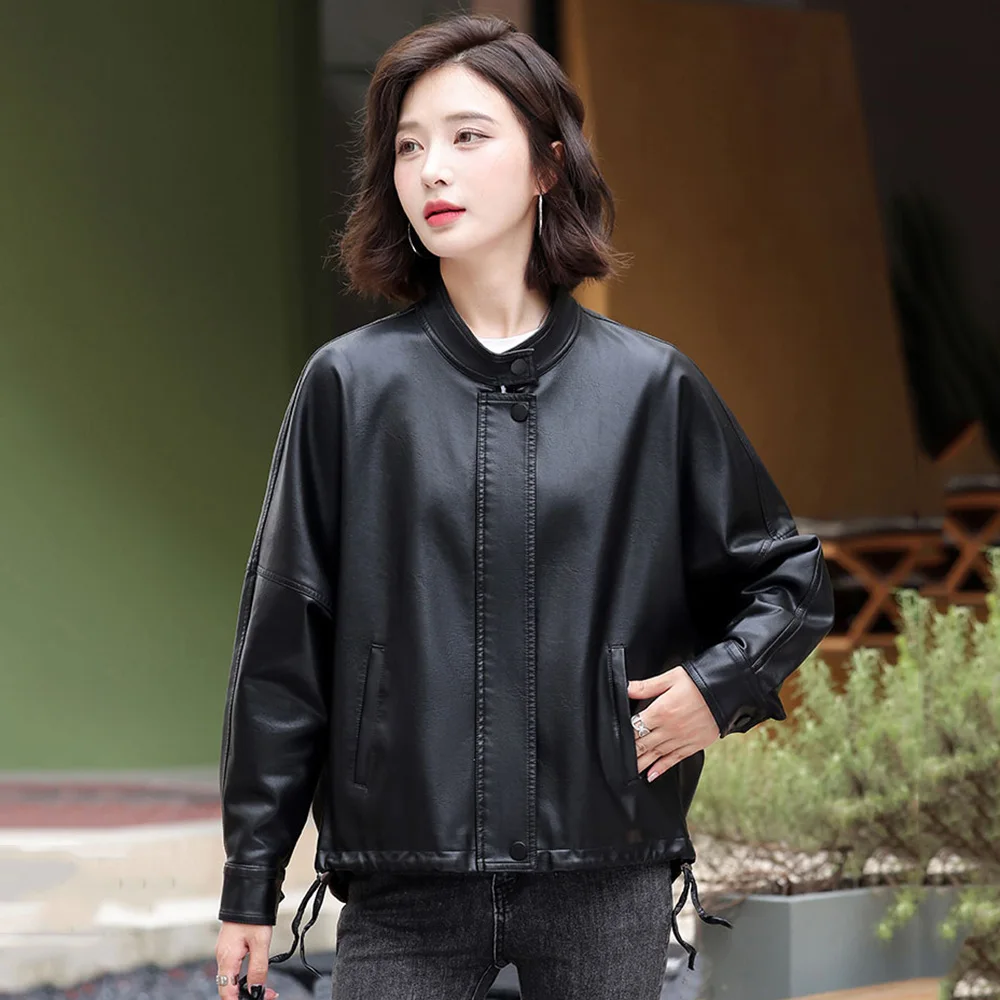 

New Women Spring Autumn Leather Jacket Fashion Stand Collar Batwing Sleeve Loose Motorcycle Coat Casual Split Leather Jacket