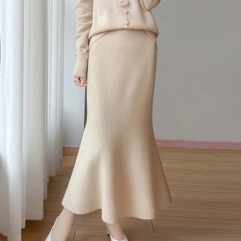 

100% Merino Wool Knitted Midi Skirt Women High Waisted A-line Skirt Slim Fit And Hip Hugging Skirt Autumn Winter New Long Skirt