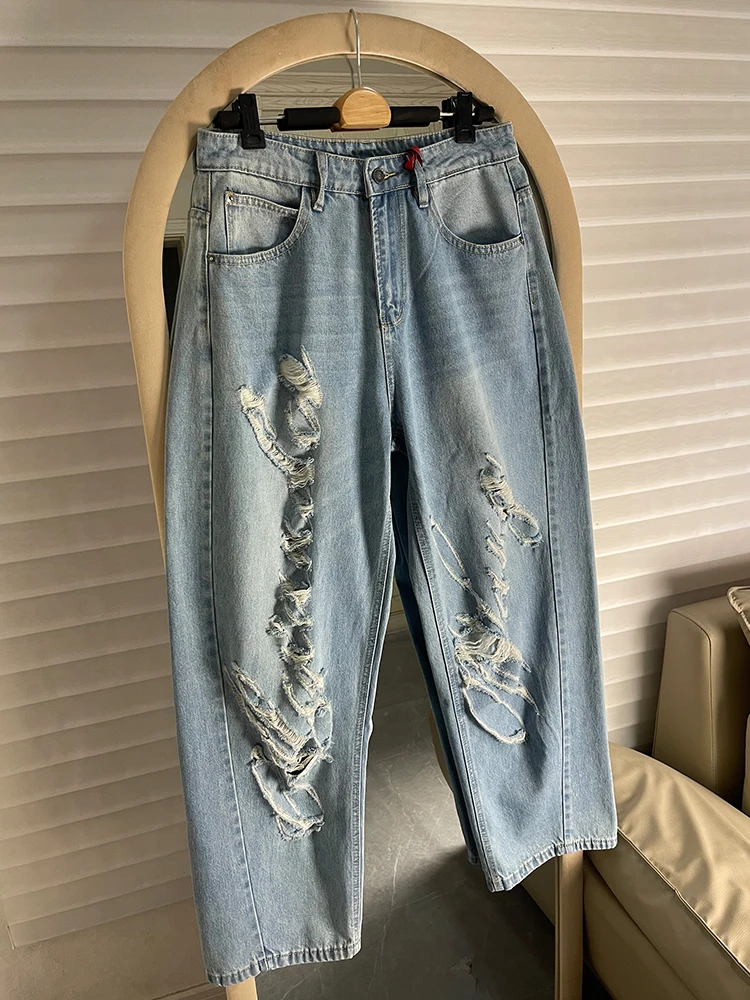 

Мужские рваные джинсы с широкими штанинами в парижском стиле, светло-голубые, весенне-летние, повседневные, свободного прямого кроя, молодежные модные джинсовые брюки