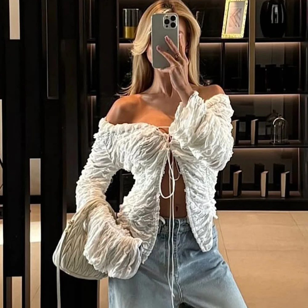 Tuularose White V Neck Lace Up Top Women's Sexy Hollow Solid Cardigan Casual Gathered Long Sleeve Top Female Shirt Party Outfits