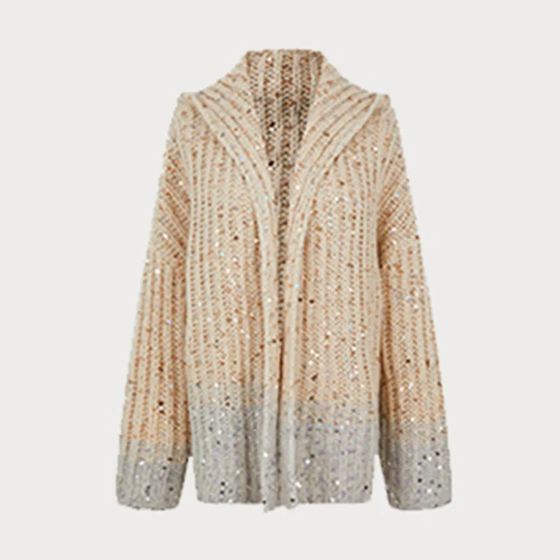 Fashion Sequin Knit Hooded Cardigan for Women Autumn Winter Long Sleeve Loose Gradient Sweater Coat Female Daily Out Knitwear