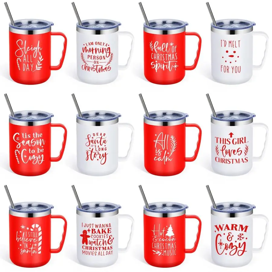 

12 Pcs Christmas Coffee Mugs Cups 17oz Christmas Employee Appreciation Coffee Mug with Handle Red White Vacuum Stainless Steel I