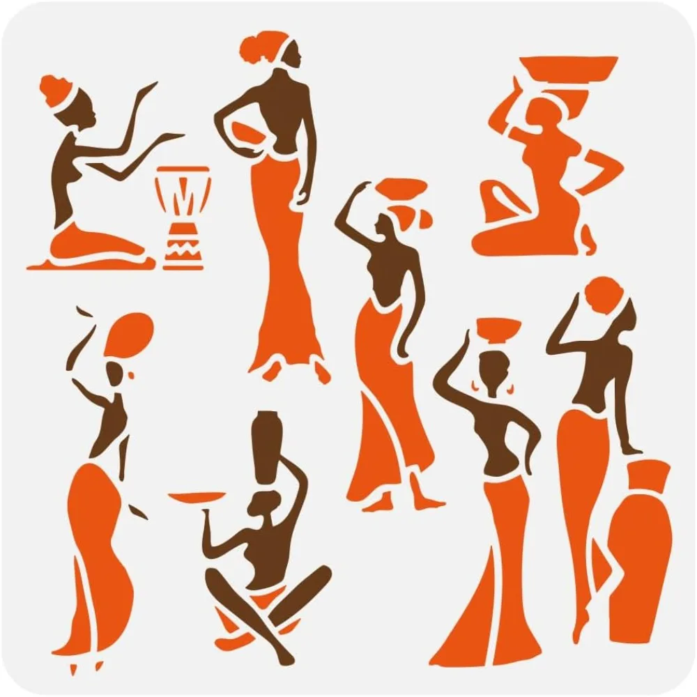 African Woman Stencil 11.8x11.8" Reusable Black Woman Silhouette Template for Painting on Wood Canvas Fabric Wall Furniture view 2